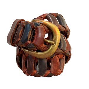 County Seat Multicolor Leather Belt Sz S Rustic Link Woven VTG 70s Brass Buckle